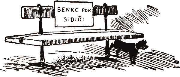 Publika benko, ne okupata, kun tabulo : 	"Benko por sidiĝi". Apud la benkon urinas hundo.