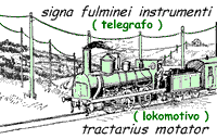 "Signa fulminei instrumenti" = telegrafo 
"Tractarius motator" = lokomotivo